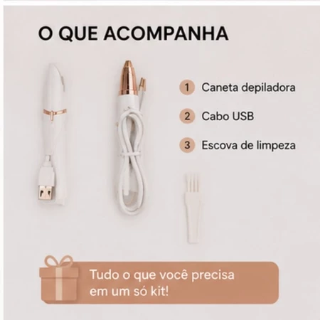 Kit com caneta depiladora, cabo USB e escova de limpeza